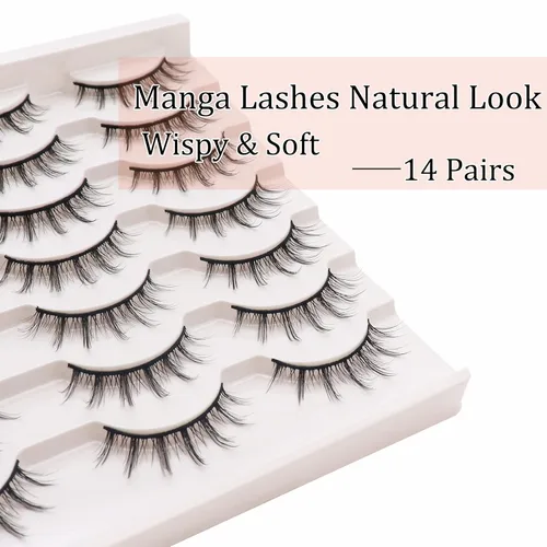Miniatura 3 de Losha - Pestañas postizas manga de aspecto natural, paquete de pestañas de visón sintético esponjosas, 14 pares de pestañas cortas de anime, aspecto