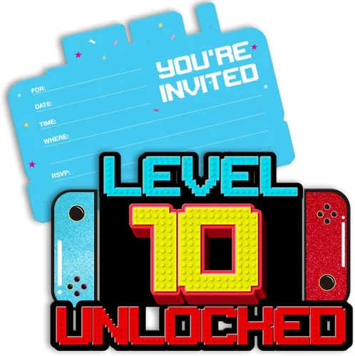 Miniatura 9 de Invitaciones de cumpleaños de videojuegos para niños de 7 años, invitaciones de cumpleaños para niños con purpurina, invitaciones de fiesta