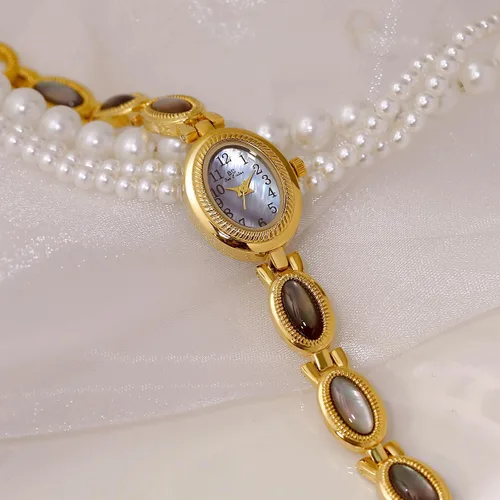 Miniatura 4 de CARLIEN Reloj de pulsera de cuarzo ovalado para mujer, de lujo, delicado, dorado, plateado, perla y números arábigos, fácil de leer, resistente al