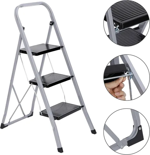Miniatura 5 de JungleA Escalera de 3 escalones, taburete plegable para adultos, escalera ancha antideslizante para el hogar, cocina, armario, garaje y oficina, Gris