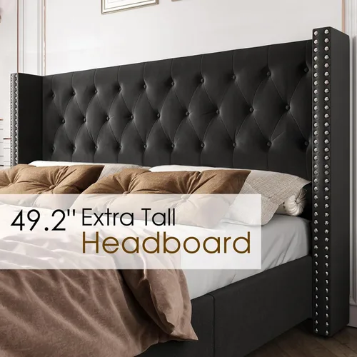 Miniatura 3 de PaPaJet Marco de Cama Queen Tapizado con Cabecera Alta, Cama de Plataforma Wingback, Terciopelo Capitoné de Perfil Bajo, No Necesita Somier, Fácil