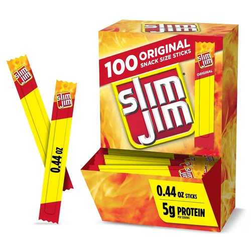 Slim Jim - Palitos de carne ahumada, sabor original, 2g de proteína por palito, tamaño botana, 0.44 oz. (100 unidades)