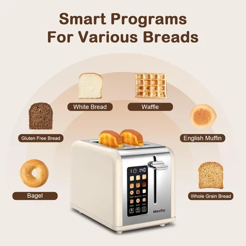 Miniatura 3 de Mecity Tostadora de pantalla táctil de 2 rebanadas, ranura ancha de 1.5 pulgadas, tostadora inteligente de acero inoxidable para bagels, magdalenas
