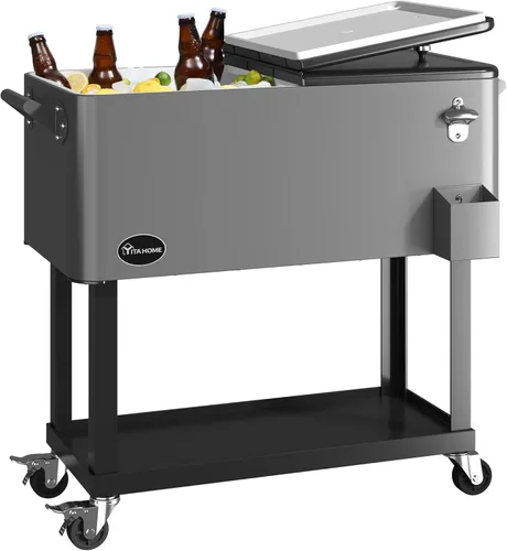 YITAHOME Carro enfriador con ruedas de 80 cuartos de galón con abridor de botellas, enfriador portátil para patio con ruedas, carrito de bebidas con