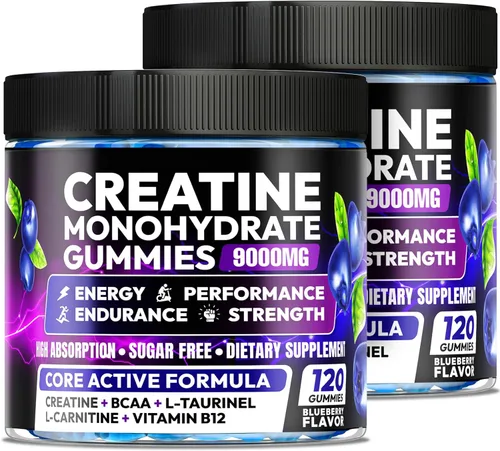 Miniatura 9 de AEQNJV Gomitas de creatina monohidrato complejo 9000 mg, pre-entrenamiento para hombres y mujeres, gomita de creatina con L-taurina, BCAA 2:1, B12/6