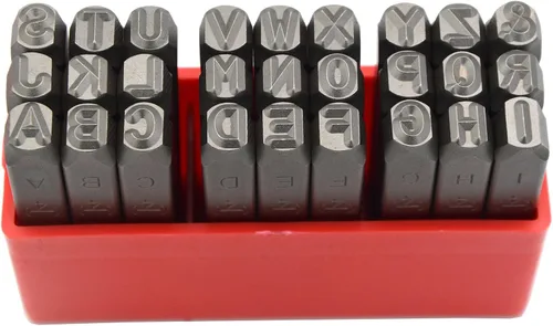 Miniatura 56 de Juego de 27 sellos de acero resistente con letras mayúsculas de 3/64" 1mm, kit de punzones de alfabeto para estampado a mano de caracteres, código
