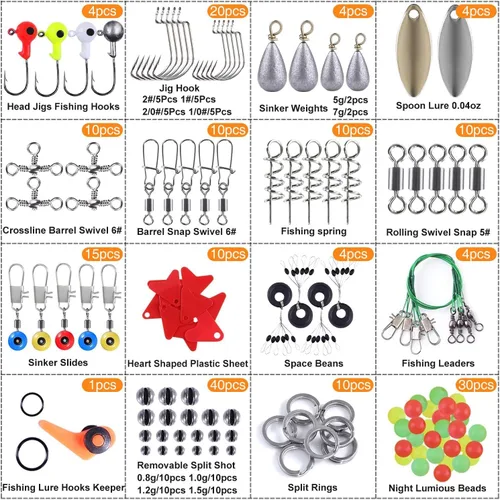 Miniatura 4 de TOPFORT Kit de 187/343 piezas de accesorios de pesca, Caja de aparejos de pesca organizada con aparejos incluidos, anzuelos de pesca, pesas de Kit