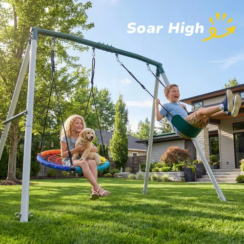 Miniatura 3 de Hapfan Juego de columpios de 7.5 pies de alto para patio trasero, juego de columpio de metal resistente de 500 libras para niños y adultos con Verde