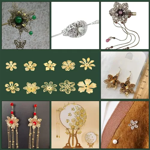 Miniatura 6 de PandaHall - 200 tapas de cuentas de flores, 10 estilos de cuentas espaciadoras de filigrana, tapas de cuentas de metal para aretes de bricolaje