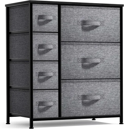 Sorbus - Cómoda con 7 cajones: mueble organizador en torre con marco de acero, parte superior de madera, contenedores de tela fáciles de jalar -