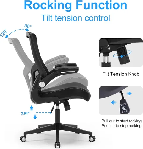 Miniatura 6 de Silla de oficina ergonómica de escritorio de 350 libras, cómoda silla de computadora de malla con soporte lumbar ajustable, reposabrazos abatibles