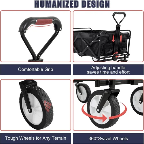 Miniatura 3 de Vagón Plegable de Acero Resistente Plegable Utilitario para Exteriores en la Playa con Ruedas Grandes para Arena, Carrito de Jardín para Comestibles