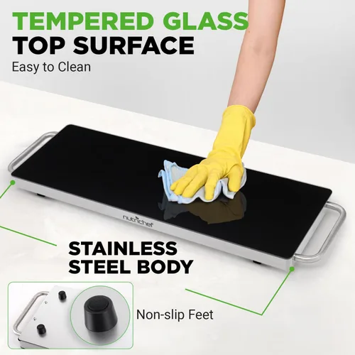 Miniatura 6 de NutriChef Placa eléctrica portátil para alimentos, bandeja de calentamiento de acero inoxidable y calentador de platos con parte superior de vidrio