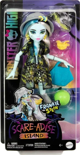 Miniatura 6 de Monster High Isla del Terror Frankie Stein con traje de baño, cubrebikini y accesorios de playa como sombrero, voleibol y bolso