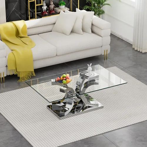 Miniatura 108 de Mesa de centro de cristal de lujo, mesa de centro de sofá de 47 pulgadas con marco de acero inoxidable dorado y parte superior de vidrio negro, mesa