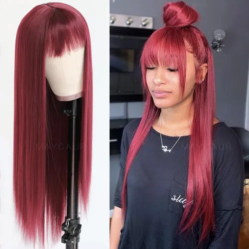 Miniatura 21 de Maycaur Pelucas de cabello sintético de color rubio con flequillo completo #613, color largo y liso, resistente al calor, pelucas sin encaje