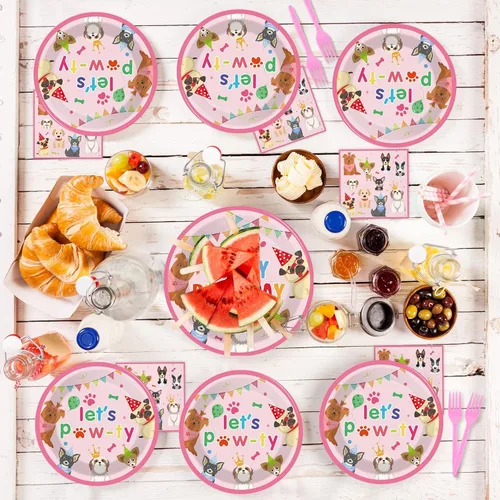 Miniatura 5 de 96 piezas de decoración de fiesta de cumpleaños con temática de perro, vajilla para fiesta de cachorros, platos de postre, servilletas, tenedores