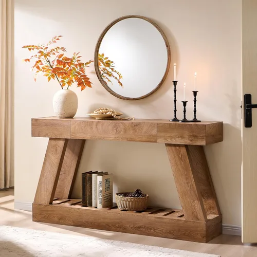 Miniatura 9 de Mesa de entrada de granja de 60 pulgadas con cajón, mesa de vestíbulo de madera con base resistente (roble rústico claro)