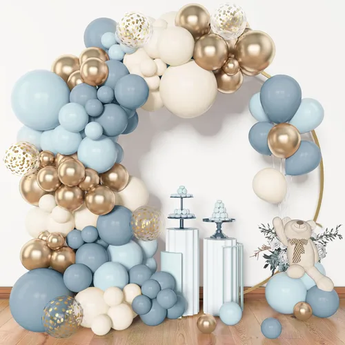 Amandir Kit de arco de guirnalda de globos azul polvoriento, 153 piezas, diferentes tamaños de 18, 12, 10, 5 pulgadas, globos de látex azul blanco