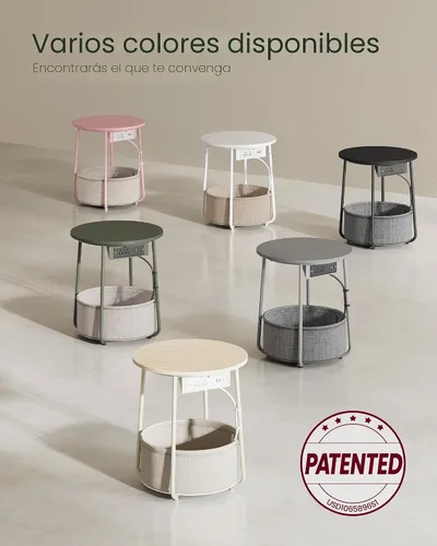 Miniatura 9 de VASAGLE Colección LILEA - Mesa auxiliar con estación de carga, mesa auxiliar redonda con cesta de tela, mesita de noche con puertos USB, para sala