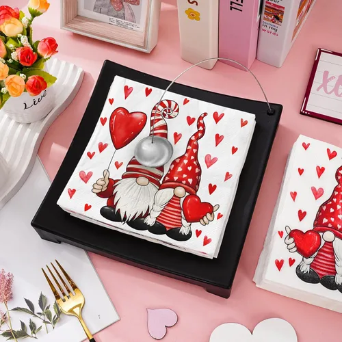 Miniatura 3 de Paquete de 80 servilletas de papel para el día de San Valentín, diseño de gnomo y corazón, servilletas decorativas, para almuerzo, cena, cumpleaños