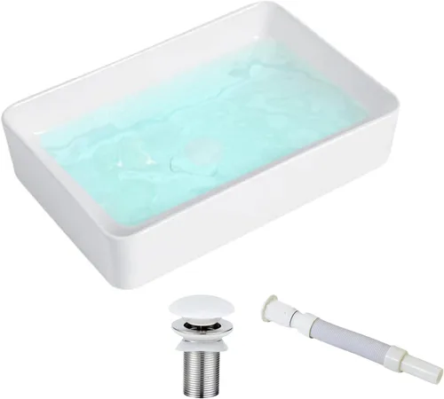 KINGWONG Lavabo de recipiente para baño de 20 pulgadas, moderno, rectangular, lavabos de tocador de baño sobre encimera, porcelana cerámica blanca,