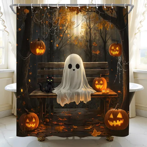Miniatura 3 de Cortina de ducha de fantasma de Halloween, espeluznante gato negro, telaraña, bosque de otoño, tela de noche aterradora, decoración de baño, cortina