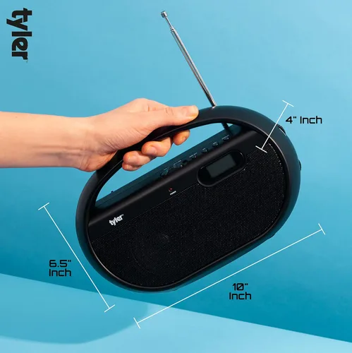 Miniatura 5 de Tyler Altavoz de radio portátil AM/FM, funciona con batería de CA o inalámbrica, banda completa ligera de mano AM FM, pantalla de hora digital