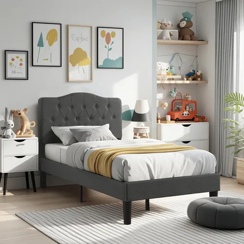 Miniatura 4 de VECELO Armazón de Cama Tamaño Individual Plataforma Tapizada con Cabecera Ajustable Acolchada/Base de Colchón con Soporte de Listones de Madera, Gris