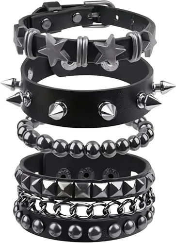 Juego de 4 pulseras punk rock con tachuelas, pulseras de cuero para hombres y mujeres, pulseras con pinchos y accesorios emogóticos para fiestas de