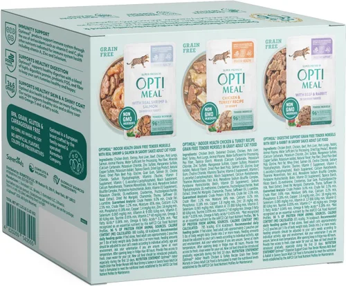 Miniatura 8 de Optimeal Paquete variado de alimentos húmedos para gatos, bocados tiernos sin granos, nutrición premium alta en proteínas hecha con ingredientes