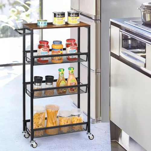 Miniatura 5 de MOOACE Carrito de almacenamiento delgado, estantería de cocina rodante de 4 niveles sobre ruedas, carrito estrecho móvil con mesa de madera