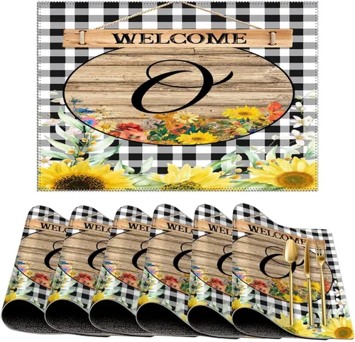 Miniatura 61 de Manteles individuales de bienvenida con diseño de girasol vintage con bandera R con inicial, 1 unidad, estilo granja, para mesa de comedor, cocina