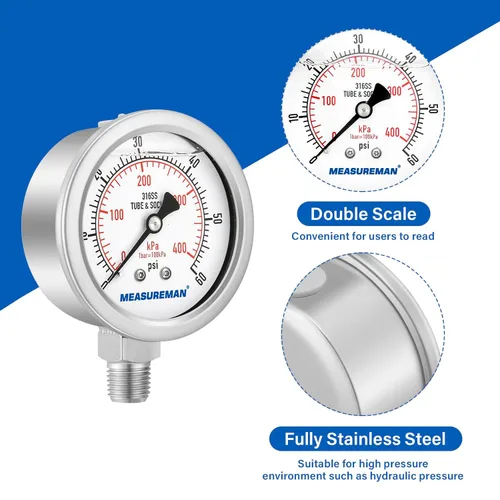 Miniatura 4 de MEASUREMAN - Medidor de presión hidráulico lleno de glicerina totalmente de acero inoxidable, tamaño de esfera de 2 – 1/2 pulgadas, montaje inferior