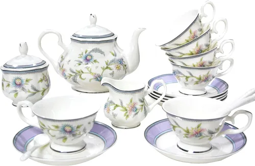 Miniatura 10 de Juego de té de porcelana de hueso, juego de té de porcelana de 21 piezas para adultos, tazas de té y platillos para 6, con tetera, cucharas, Azul