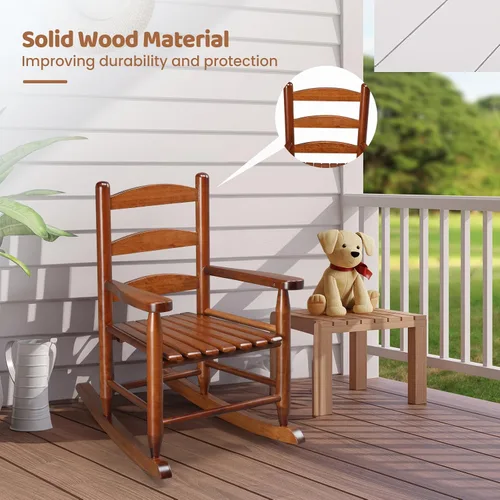 Miniatura 6 de JOYMOR Silla mecedora de madera para exteriores para niños con respaldo alto, balancín para niños resistente al clima, silla mecedora de patio