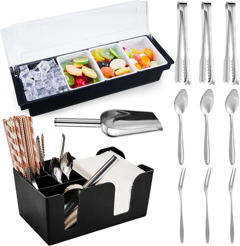 Tessco for you Bandeja de Guarnición con Tapa Organizador de Bar Contenedor de Condimentos Refrigerado con Hielo con Cuchara para Hielo Pinzas