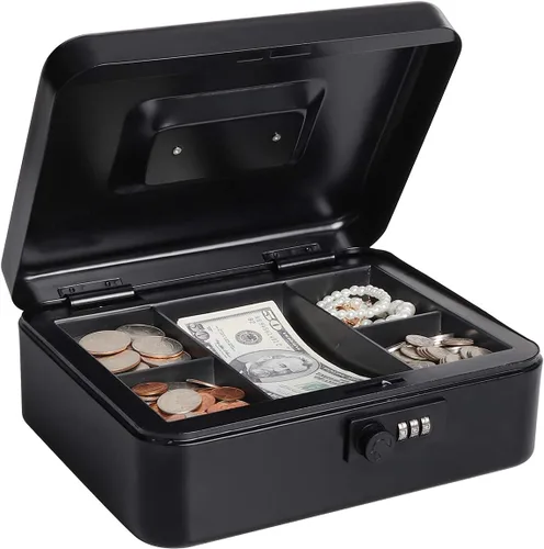 Caja de efectivo con cerradura de combinación, caja de dinero de metal para efectivo, caja de bloqueo Lovndi con bandeja de dinero, 9.84 x 7.87 x