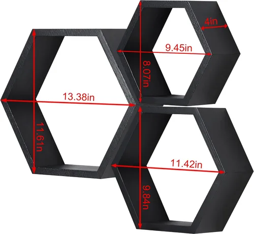 Miniatura 3 de PHOENANCEE - Estantes flotantes hexagonales, juego de 3 estantes de nido de abeja, estantes de pared de madera estilo granja para almacenamiento