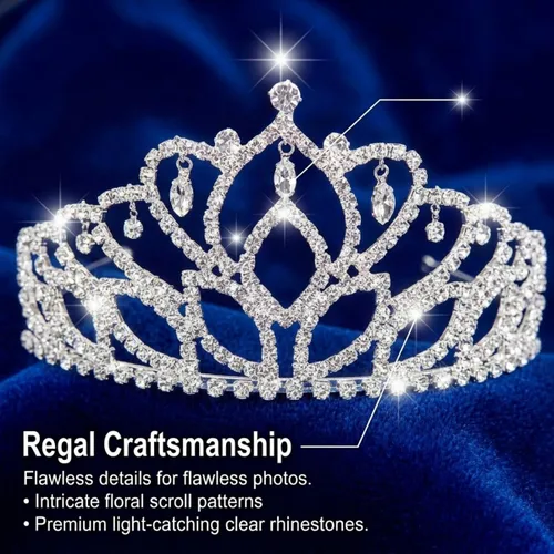 Miniatura 3 de Anderson's Royal Grandeur Set, Mirabella Tiara/Corona de Satén Triturado/Banda Plateada/Ribete de Piel Trenza azul/plateada/piel blanca