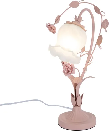 Miniatura 5 de Lámpara de mesa de vidrio esmerilado con flores, lámpara de mesa auxiliar con cable enchufable, mesita de noche, lámpara decorativa de noche