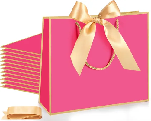 Miniatura 8 de Silkfly 12 bolsas de regalo con asas para dama de honor, 12 x 10 x 4 pulgadas, elegantes bolsas de regalo de bienvenida de boda con lazo para Rosa