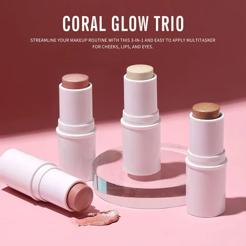 Miniatura 7 de KIMUSE Barra multiusos trío para maquillaje facial, barra de rubor en crema para mejillas y labios, barra de contorno y resaltador para maquillaje