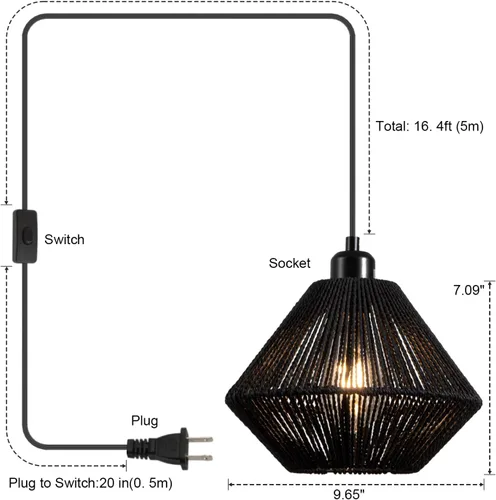 Miniatura 4 de Paquete de 2 lámparas colgantes tejidas con enchufe negro, 9.65 pulgadas, lámpara colgante rústica de granja con cable de enchufe e interruptor
