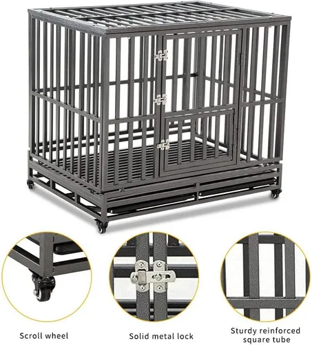Miniatura 3 de LUCKUP Jaula de metal resistente para perros medianos y grandes, corral para mascotas con cuatro ruedas, fácil de instalar, 42 pulgadas, color negro