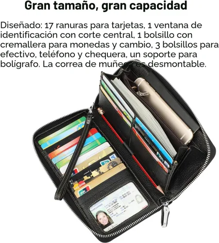Miniatura 3 de Lavemi Pequeña cartera compacta para mujer, con bloqueo RFID, de piel auténtica, plegable, con ventanas de identificación