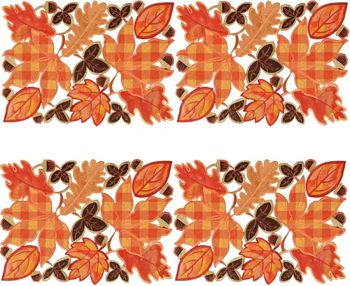 Miniatura 5 de Manteles individuales bordados de hojas de arce a cuadros para Acción de Gracias, decoración de cosecha de otoño (13 x 19 pulgadas, juego de 4)