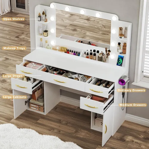 Miniatura 5 de ALEXNUTRE Escritorio de maquillaje con luces, tocador grande de 45.5 pulgadas con espejo y luces en 3 modelos, tocador con toma de corriente