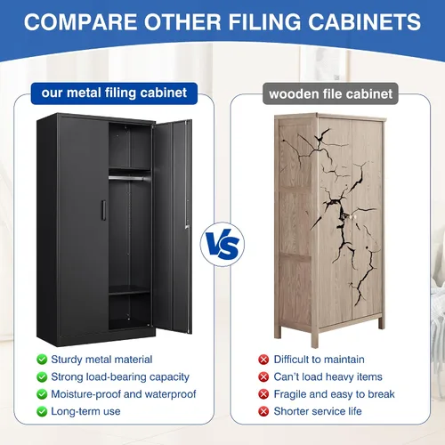 Miniatura 4 de BYNSOE Armario de metal con 2 puertas, armario de 72 pulgadas con riel para colgar, armario de metal con estantes ajustables para dormitorio. Negro