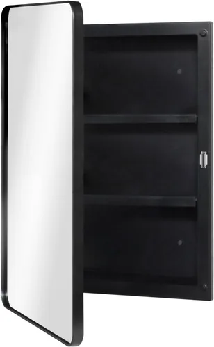 Miniatura 7 de Fundin Gabinete de medicina de plástico negro, puerta de espejo con marco de metal de esquinas redondas, gabinete de medicina de baño empotrado